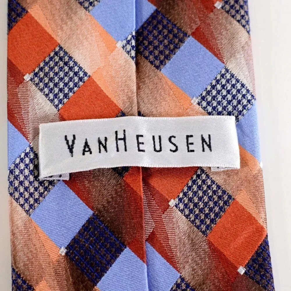 Van Heusen‎ Orange Blue Woven Check Plaid Lyocell Silk Tie
